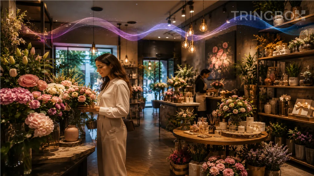 A vibrant, beautifully lit premium floral and gift boutique filled with fresh blooms, where a customer peacefully browses customized arrangements in a cozy, AI-curated acoustic space.