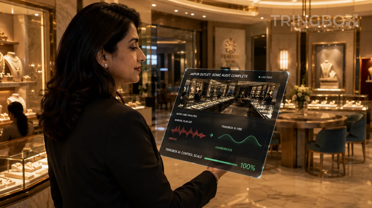 A regional franchise manager looking at a laptop displaying a live map of store locations, verifying the music compliance and energy levels across a nationwide network.