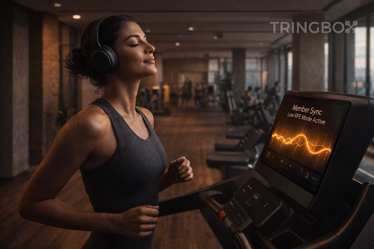 A high-tech 2026 fitness facility where Tringbox AI is managing different energy zones, showing members in a state of 'Flow' and peak performance.