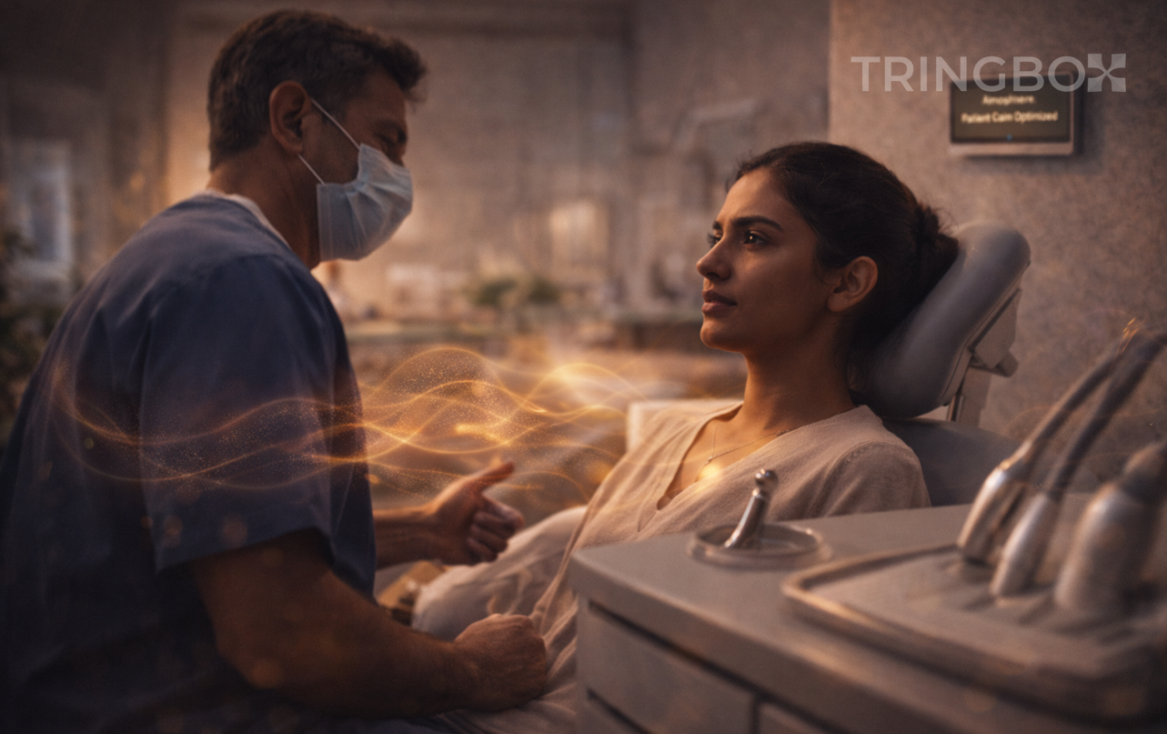 A modern, high-end wellness clinic where soft golden sound ripples from a Tringbox interface, visually representing the calming and therapeutic effects of AI-curated music.