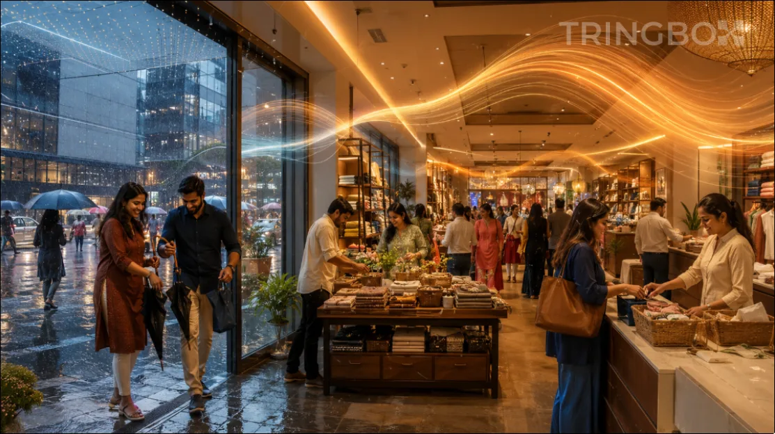 A cool, well-lit modern cafe providing relief to customers escaping the bright summer heat outside.