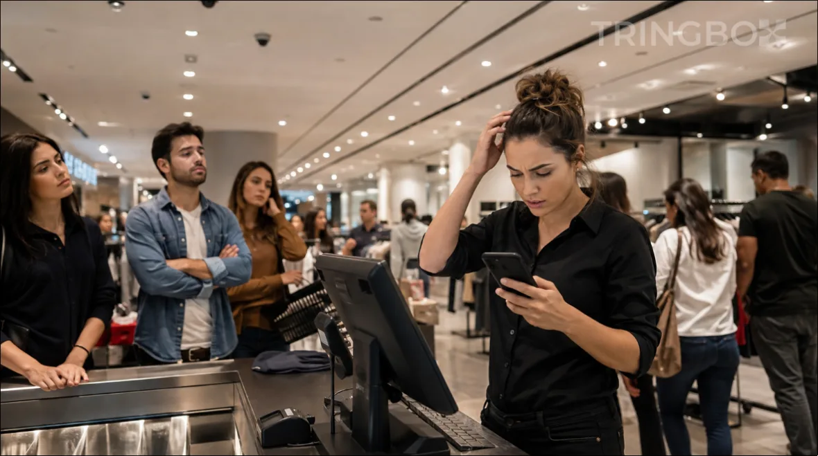 A frustrated store employee trying to manage music on a smartphone while customers wait.