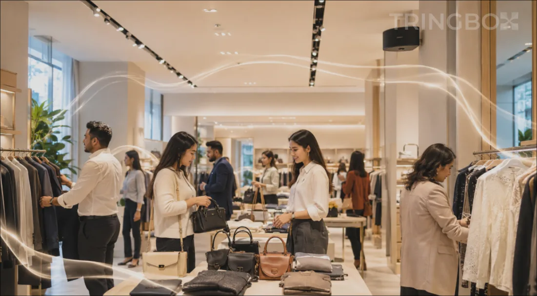 A modern retail store operating under central AI-managed background music from Tringbox instead of informal employee playlists.