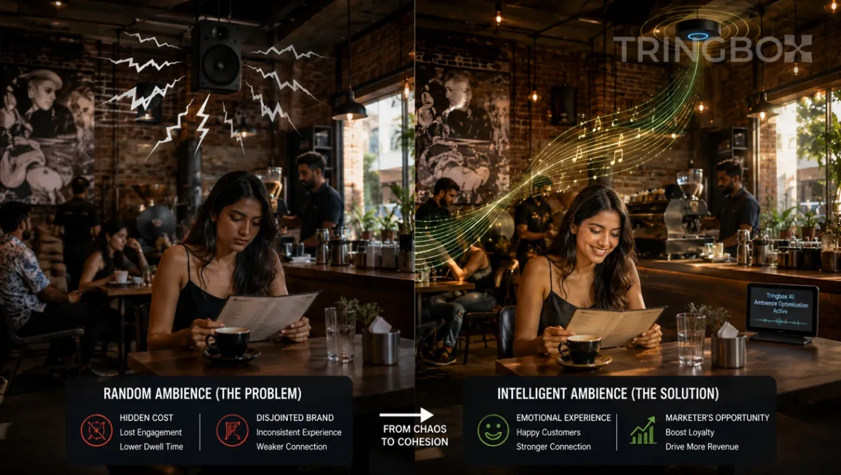 A split visual showing the chaotic effect of random playlist music on a customer's mood versus the calm, engaged response to AI-managed brand ambience.