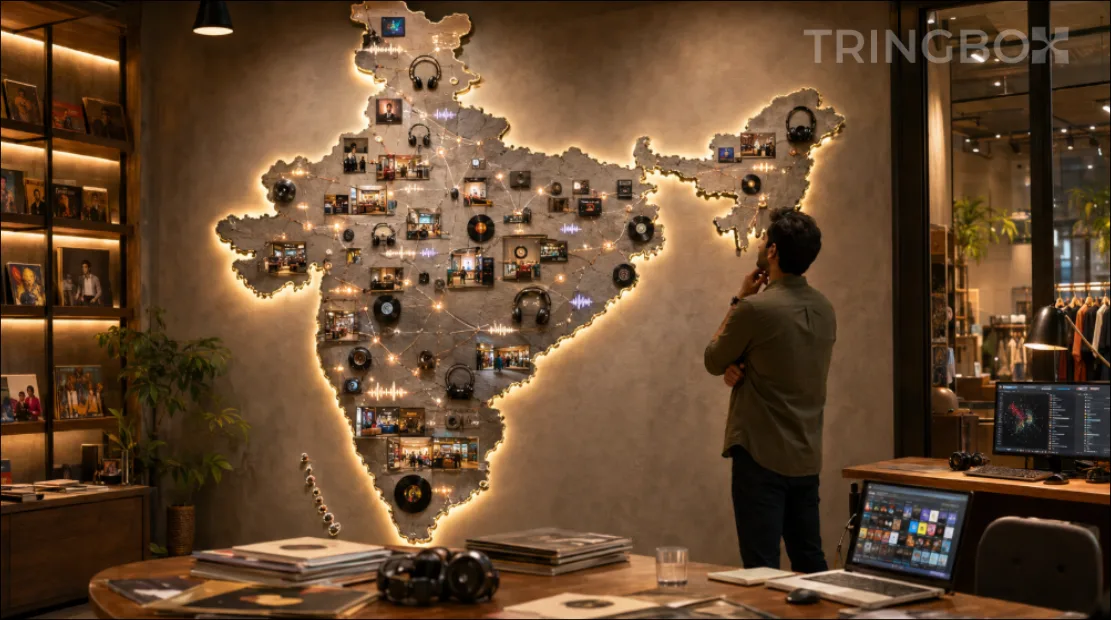 A conceptual map of India demonstrating dynamic regional language balancing for multi-location retail music.