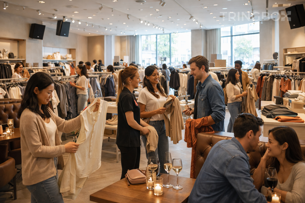 Retail fashion store interior with shoppers browsing while curated background music plays