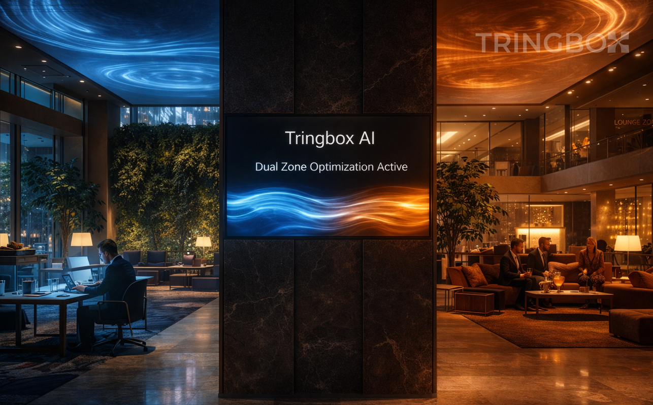 A high-end 2026 hotel lobby split into a focus zone and a lounge zone, with shimmering blue and amber AI sound waves visually representing the dual atmosphere.