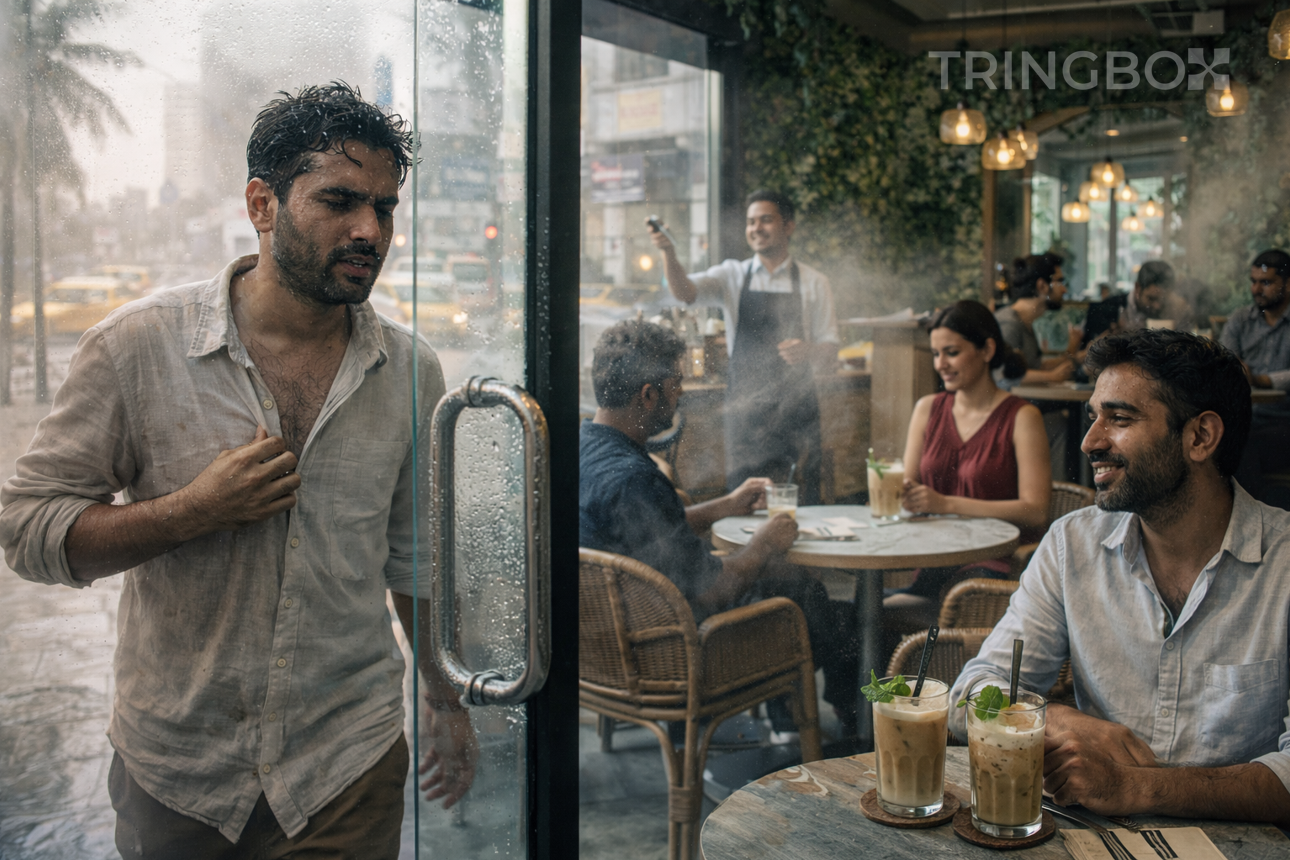 A bright, modern cafe interior with large windows showing a sunny, hot day outside while customers relax inside.