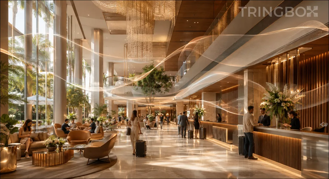 A luxurious, expansive hotel lobby featuring elegant architecture, with guests experiencing a seamless, relaxing arrival supported by AI-optimized ambient audio.