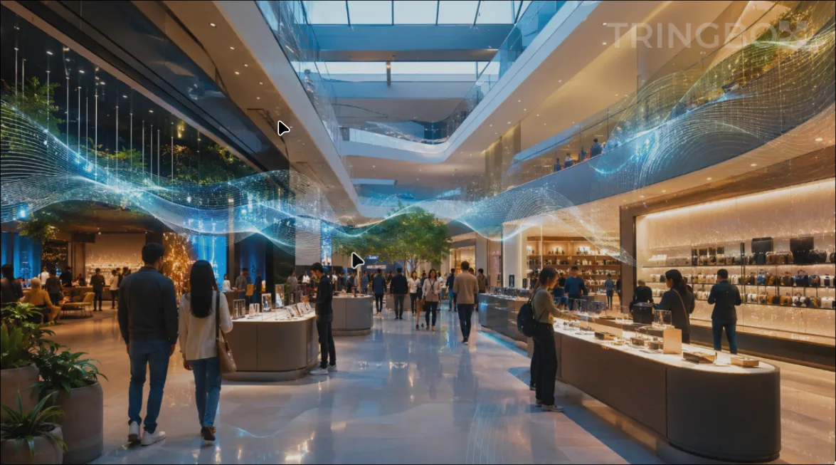 Modern retail environment enhanced by AI-powered in-store audio technology. Customers browse products while intelligent soundscapes adapt to atmosphere, mood, and shopping behavior in a premium commercial setting.
