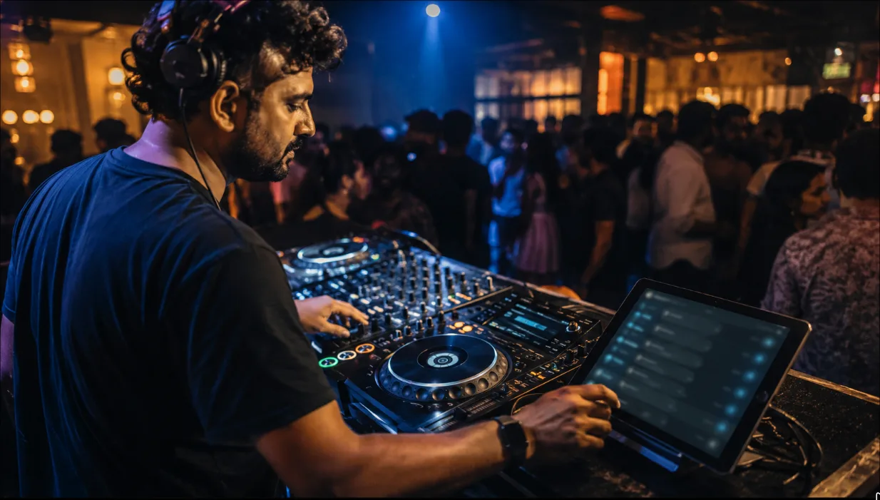 A DJ focused on a professional mixer, glancing at a tablet displaying an organized digital song request queue.