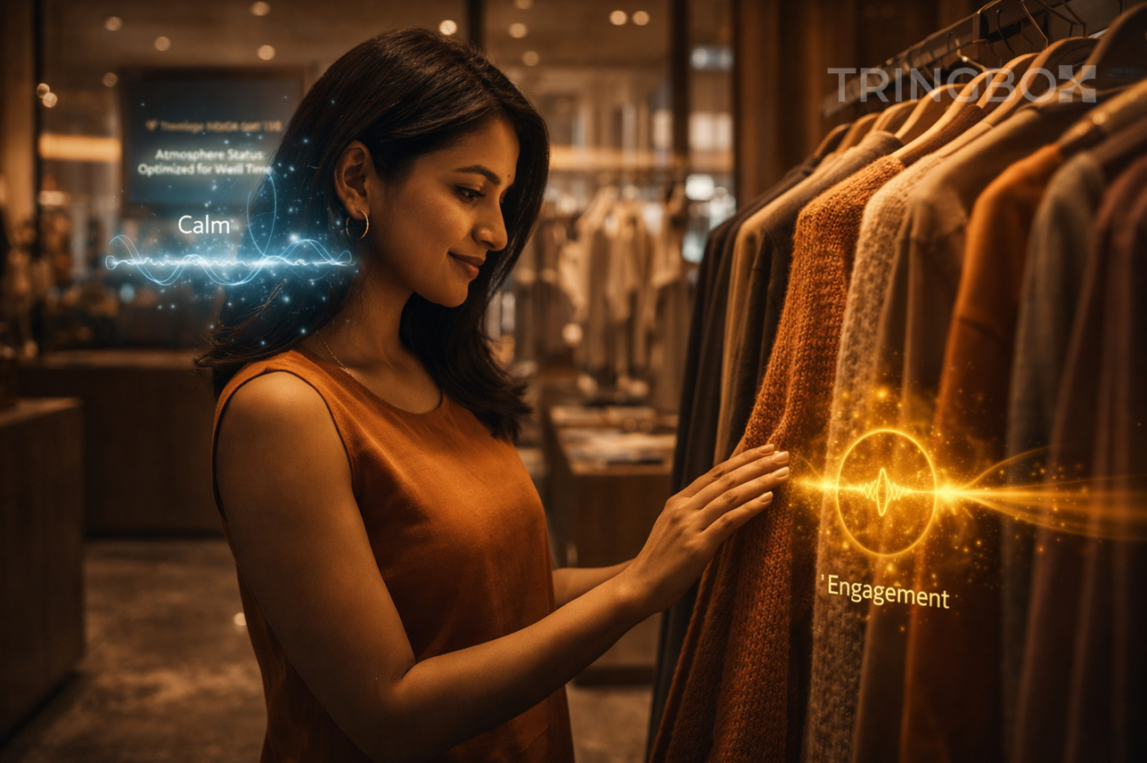 A scientific visualization of a shopper's brain activity in a Tringbox-enabled store, showing increased dopamine and engagement levels as they interact with products.