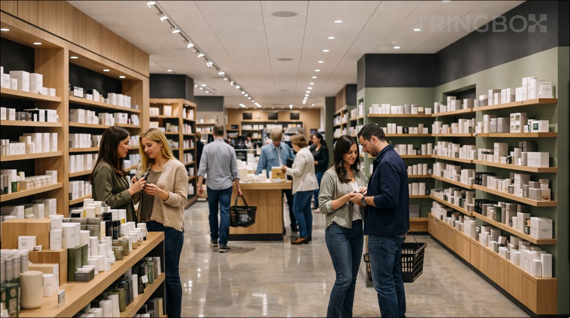 A modern, high-end retail environment with shoppers and a visible focus on atmosphere and design.