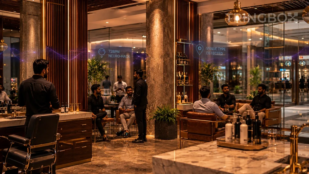 A 16:9 widescreen cinematic photograph capturing a real, premium commercial space intersecting a high-end salon and luxury mall concourse in India. The highly detailed background image emphasizes raw architectural materials, fluted wood panels, and warm ambient lighting, completely free of any text headers, text overlays, and containing absolutely no girls. A matte-black Tringbox sensor hub is prominently mounted onto a structural stone column, emitting a subtle, professional blue indicator light. Clean, translucent holographic data waves tracking environment telemetry float seamlessly in the atmospheric air, displaying clean status indicators such as VENUE TYPE DETECTED, 72BPM NEURO-HACK, and LICENSING SHIELD. In the background, a diverse group of professional male clients and executives are engaging with the optimized, beautifully lit space. Hyper-realistic, 8k resolution, cinematic lighting, real venue space aesthetic.