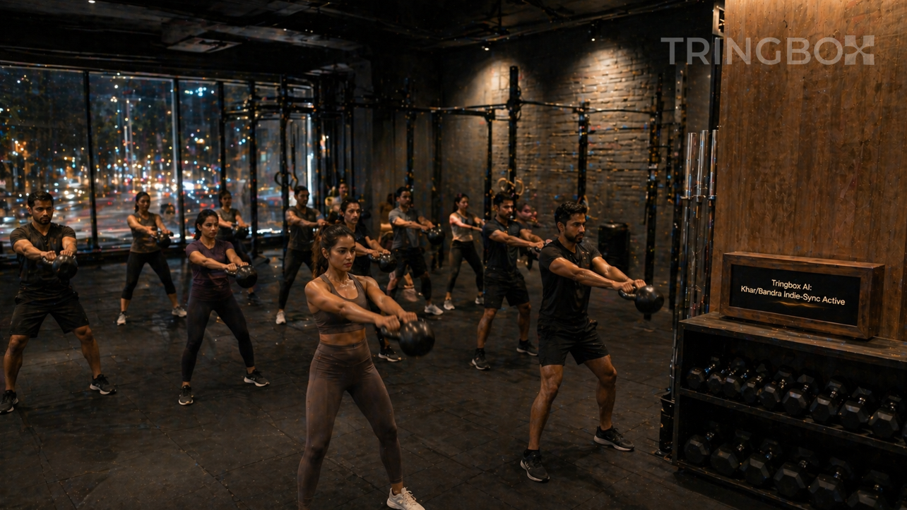 A high-intensity boutique gym in Bandra, Mumbai, where subtle amber light ripples visually represent the local indie-rock energy being managed by Tringbox AI.