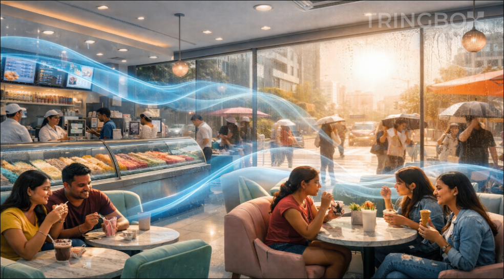 A modern, vibrant ice cream parlor with happy customers enjoying scoops in a sonically optimized, cool environment.