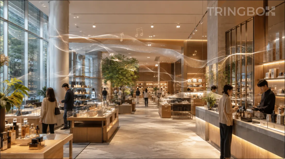 A sleek, professional retail store environment highlighting the unseen but critical element of legally compliant, royalty-free background audio.
