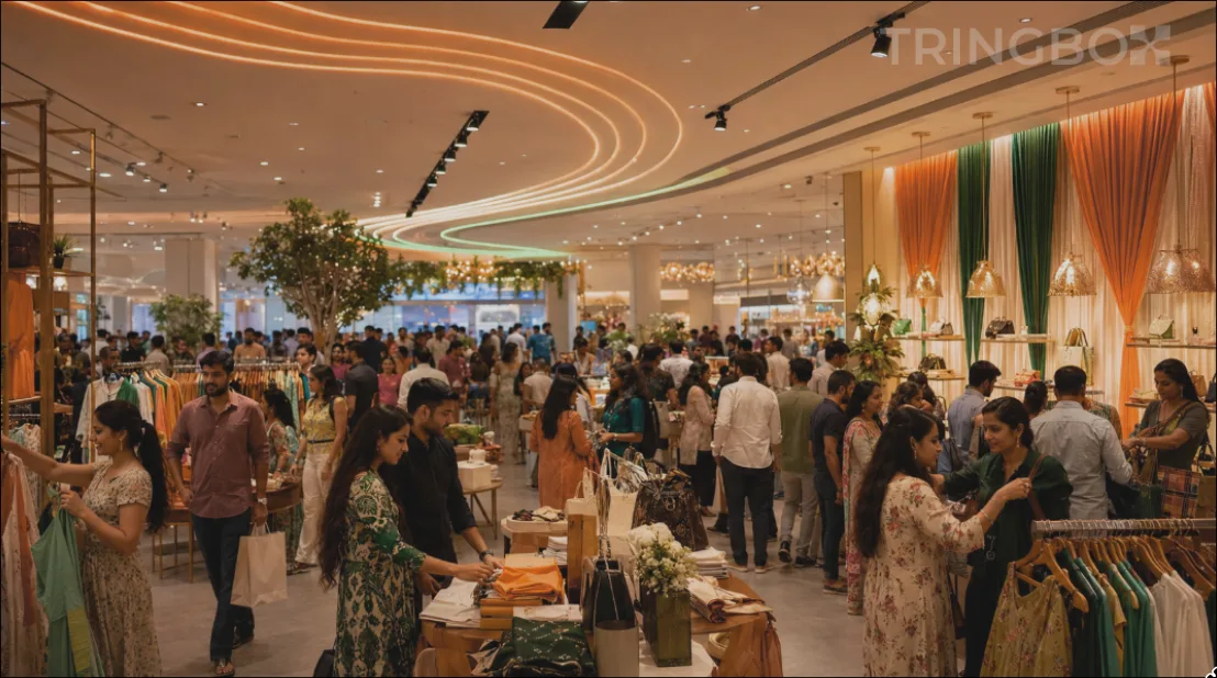 A vibrant Indian retail store bustling with shoppers during a 15 August Independence Day Freedom Sale under AI-optimized background music from Tringbox.