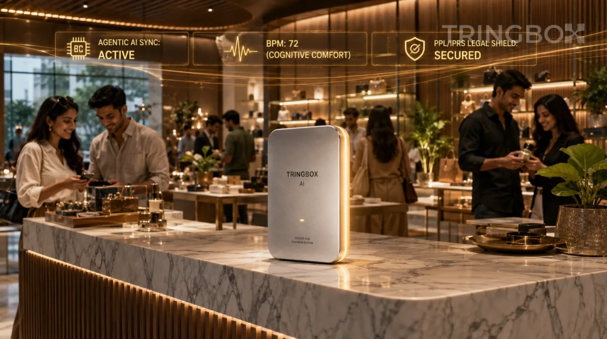 A professional 16:9 widescreen cinematic photograph of an ultra-premium, modern experiential retail boutique in a rising Indian Tier-2 city. A sleek Tringbox Agentic AI hub glows softly on a marble pedestal, with holographic UI elements showing 'SENSORY SYNC: ACTIVE' and 'BPM: 72 (COGNITIVE COMFORT)'.