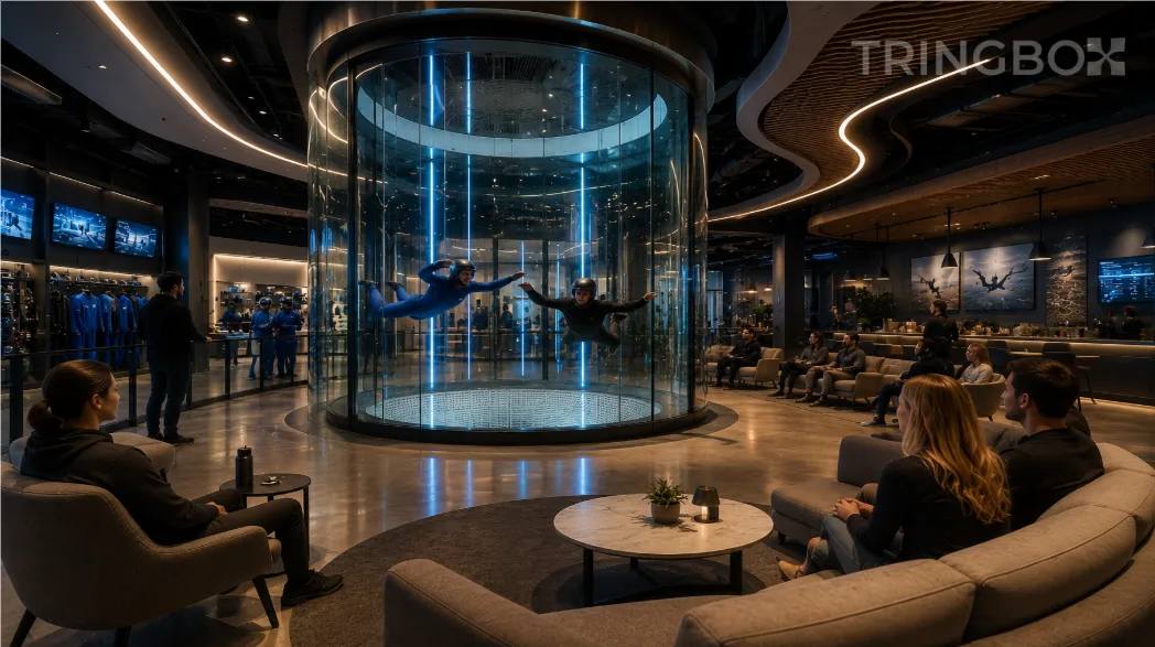 A modern indoor skydiving center with a central glass vertical wind tunnel surrounded by a sleek, warm spectator lounge, unified by an AI-curated acoustic soundscape.