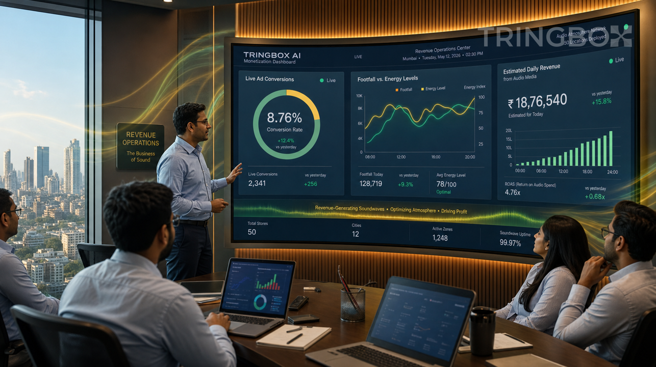 A digital retail dashboard in 2026 showing real-time revenue growth charts alongside glowing audio waves, representing the Tringbox monetization engine.