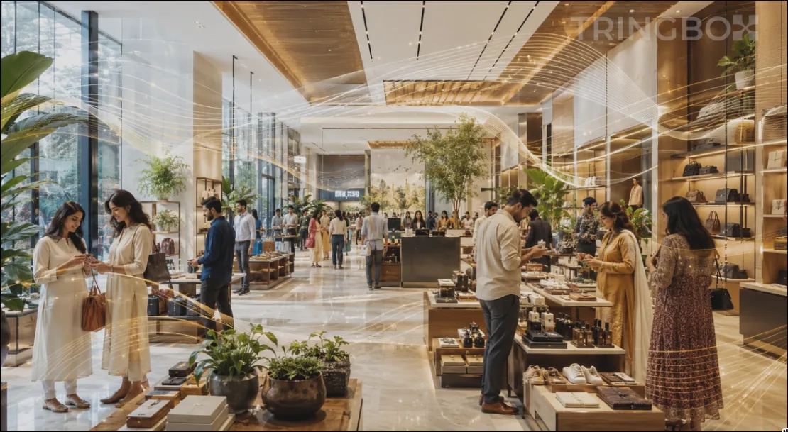 A modern retail store in India with shoppers browsing under optimized, AI-curated background music from Tringbox.