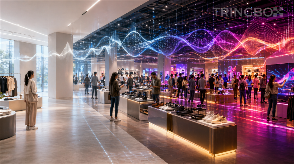 A high-end retail environment showing a sophisticated sensory atmosphere that adapts to shopper needs.