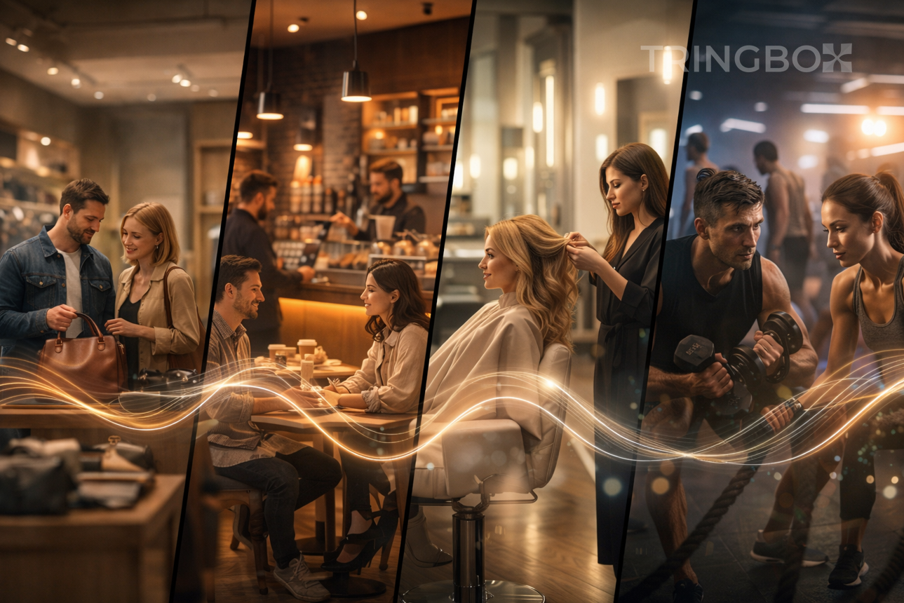 Retail, café, salon, and gym interiors connected through intelligent in-store music experience powered by Tringbox