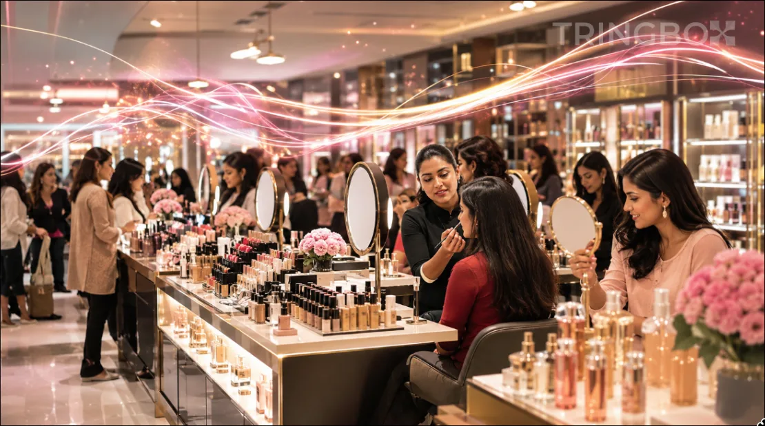 A modern, elegant cosmetic store in India with shoppers testing beauty products under AI-curated background music from Tringbox.