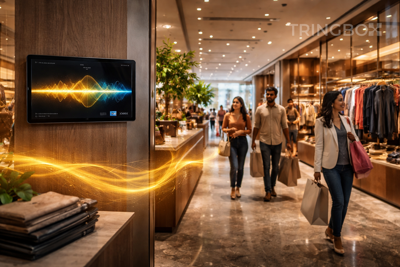 A bustling modern Indian retail store in Mumbai where Tringbox AI-managed music is creating a high-conversion, premium atmosphere for shoppers.