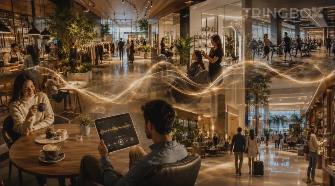 A vibrant visualization of the Indian commercial landscape, showing premium retail stores and cafes seamlessly integrated with Tringbox's centralized AI music dashboard.
