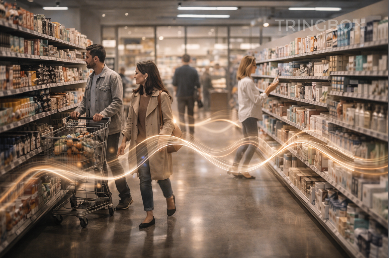 Supermarket and retail environment showing customer behaviour influenced by adaptive in-store music powered by Tringbox