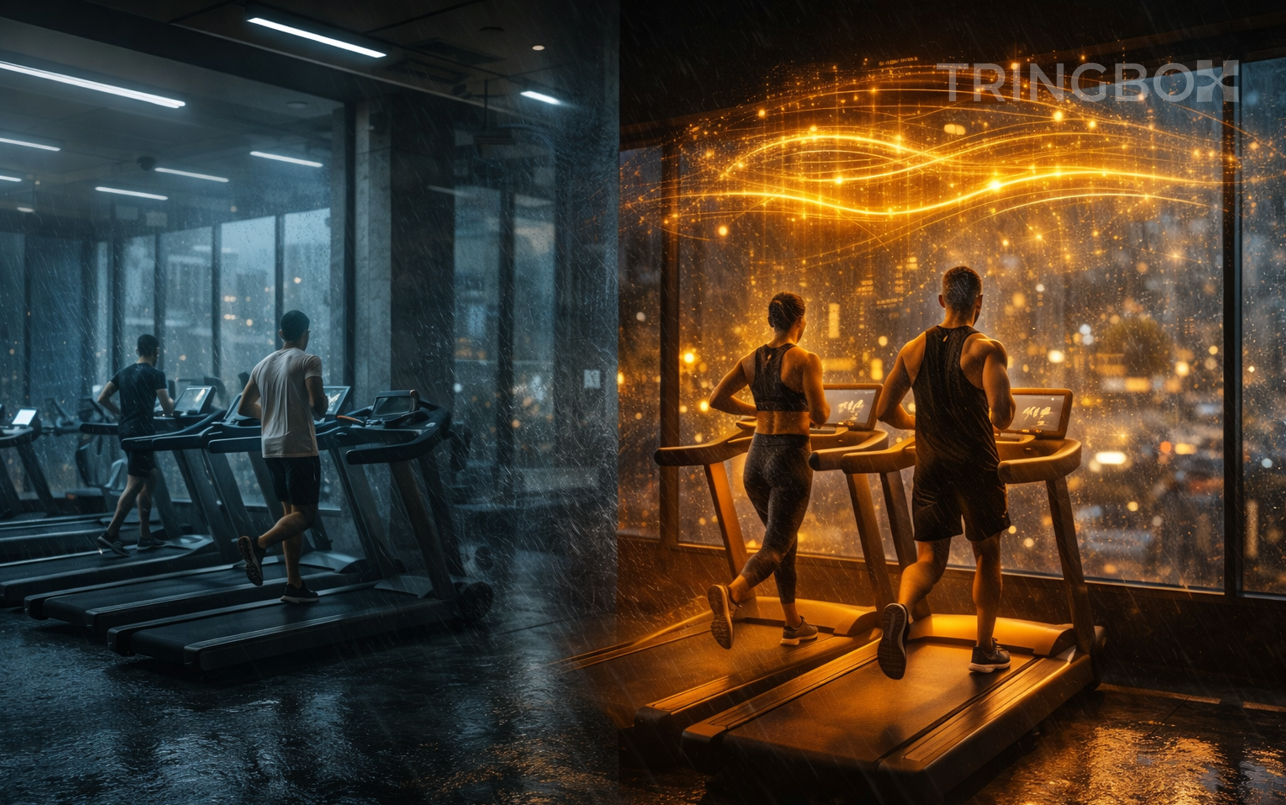 A comparison chart showing Tringbox AI vs traditional in-store music providers in a luxury retail setting.