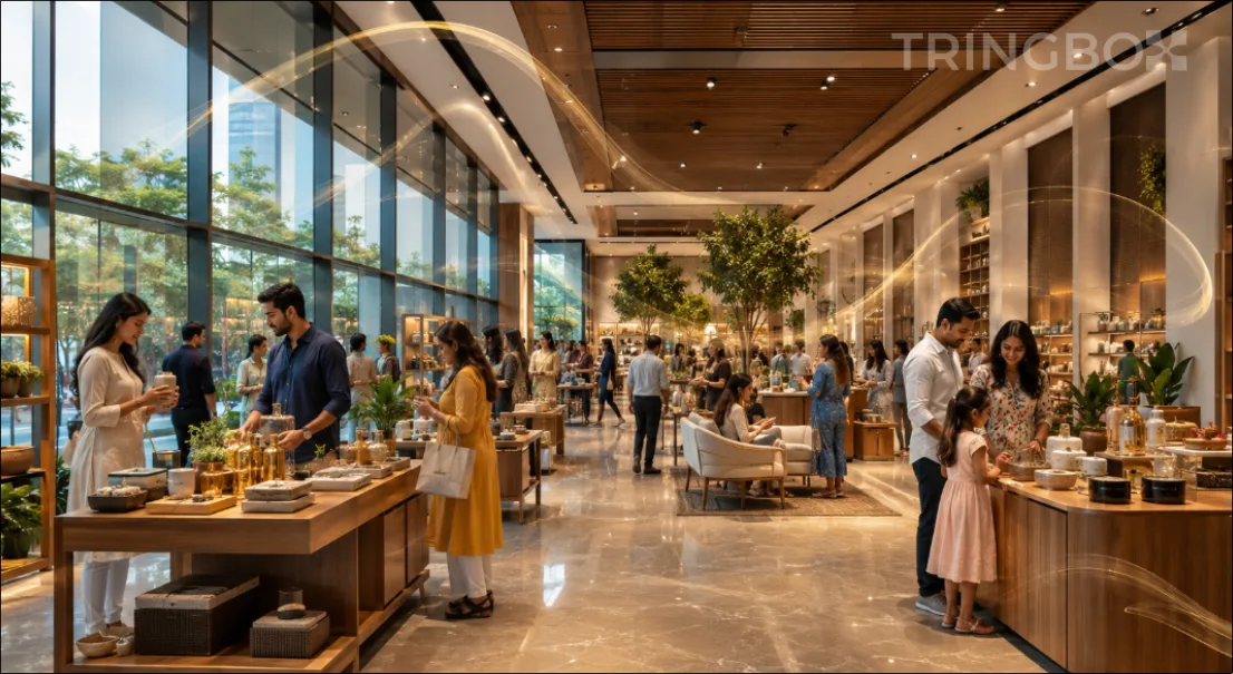 Modern premium retail store in India with shoppers browsing under optimized acoustic soundscapes.