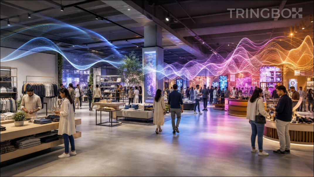 A bustling, modern Indian retail space utilizing advanced digital and auditory technologies.