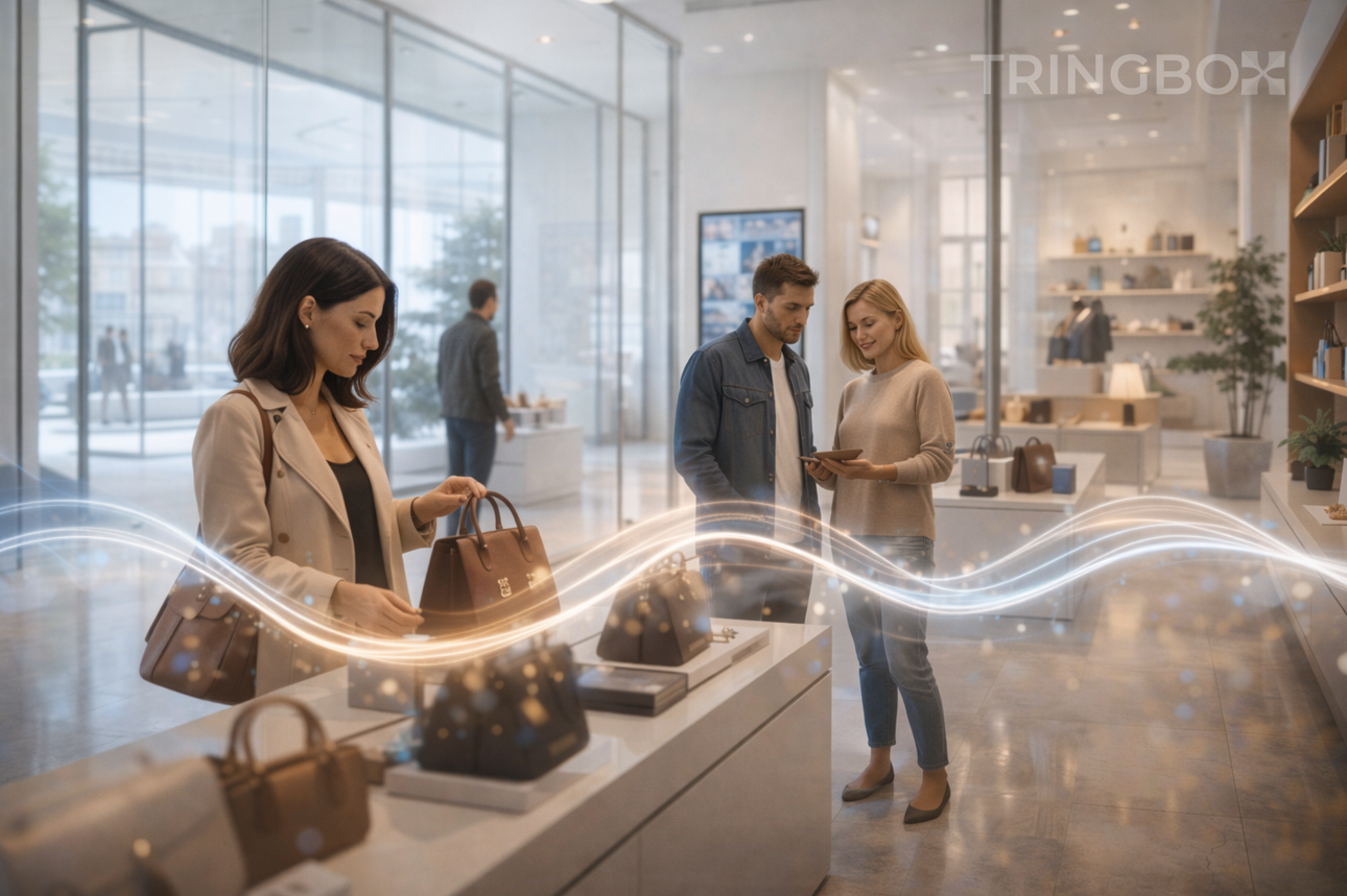 Retail environment comparing immersive in-store music experience from Tringbox with digital advertising screens