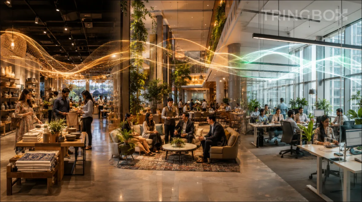 A sleek, professional montage showcasing premium retail environments, bustling hospitality spaces, and focused corporate offices unified by intelligent sensory branding.