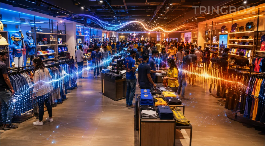 A modern Indian retail showroom during an IPL match. Customers are engaged with products while a subtle digital overlay shows Tringbox AI managing the acoustic energy, volume levels, and thermal cooling frequencies in real-time.