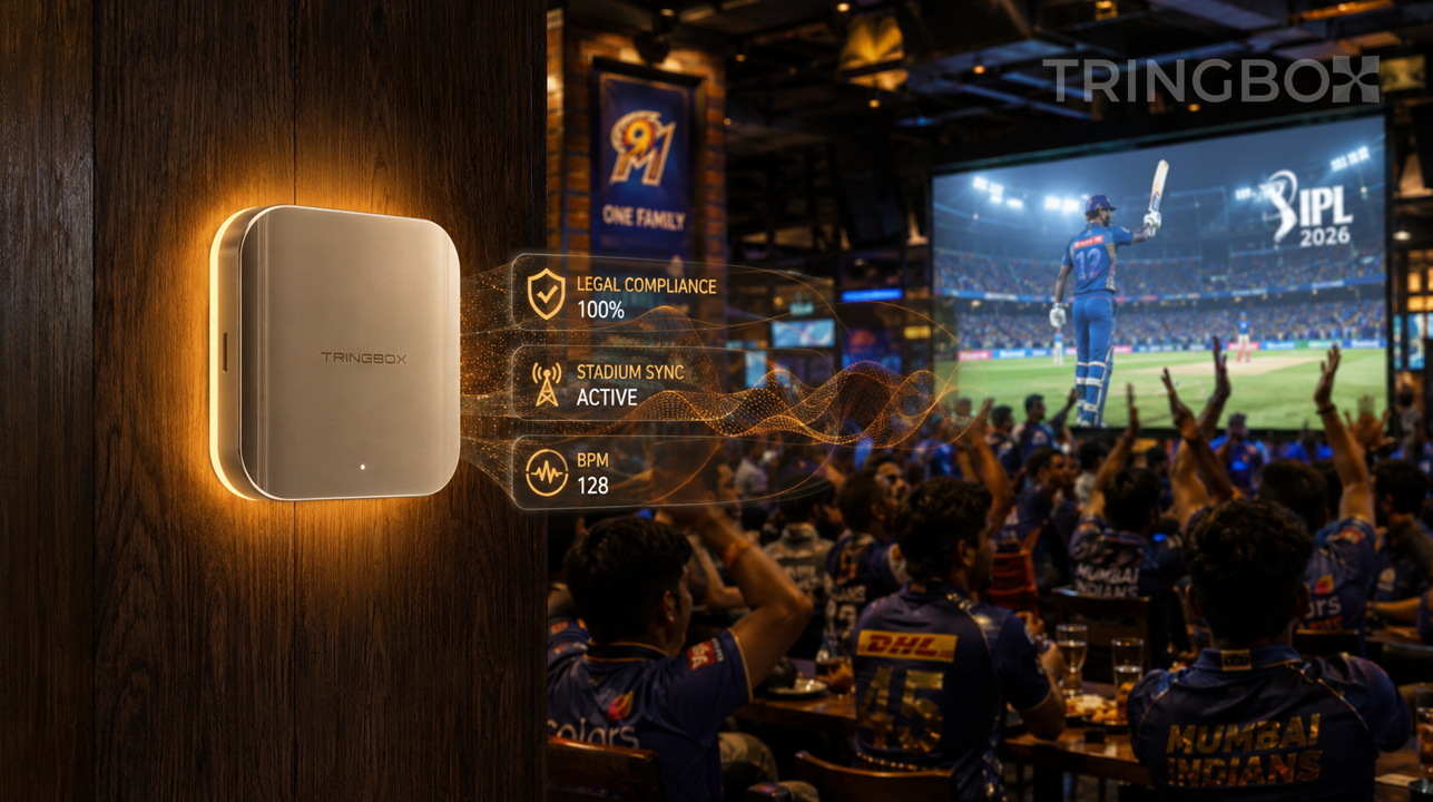 A square, cinematic photograph of a crowded 2026 sports bar in Mumbai. A manager is seen looking confidently at a Tringbox tablet which shows 'LEGAL COMPLIANCE: 100%' and 'STADIUM SYNC ACTIVE.' In the air, translucent sound waves labeled 'IPRS SHIELD' and 'BPM: 128' float over the cheering fans. Hyper-realistic, 8k resolution.