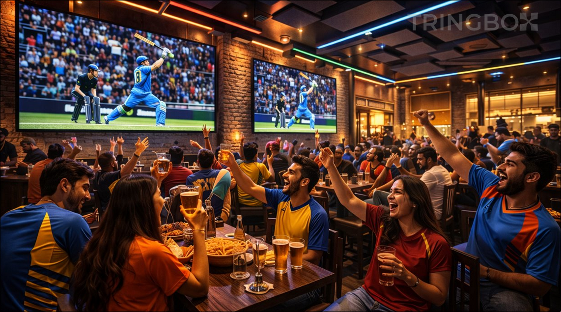 A vibrant sports bar in India filled with fans cheering during an IPL match, with high-energy lighting and large screens.