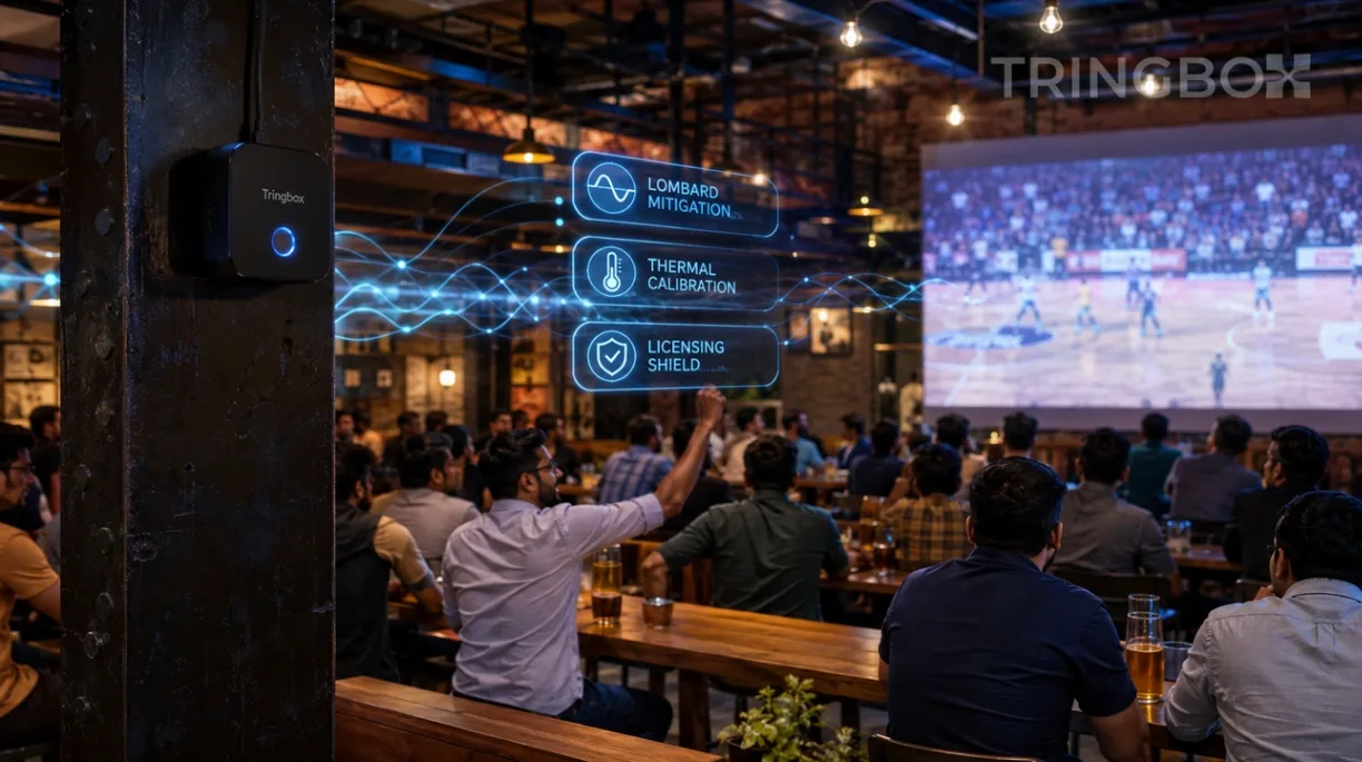 A 16:9 widescreen cinematic photograph capturing a bustling, high-end industrial sports brewery and hospitality lounge in Bengaluru, India during an evening sports match. The highly detailed background image emphasizes raw exposed brick walls, steel girders, and warm pendant lighting, completely free of any text headers, text overlays, and containing absolutely no girls. A matte-black Tringbox sensor hub is prominently mounted onto an iron structural pillar, emitting a subtle, professional blue indicator light. Clean, translucent holographic data waves tracking environment telemetry float seamlessly in the atmospheric air, displaying clean status indicators such as 'LOMBARD MITIGATION', 'THERMAL CALIBRATION', and 'LICENSING SHIELD'. In the background, a massive abstract projector screen casts a dynamic glow over a diverse group of excited professional male sports fans and businessmen enjoying craft beverages in the optimized, beautifully lit space. Hyper-realistic, 8k resolution, cinematic lighting, real venue space aesthetic.