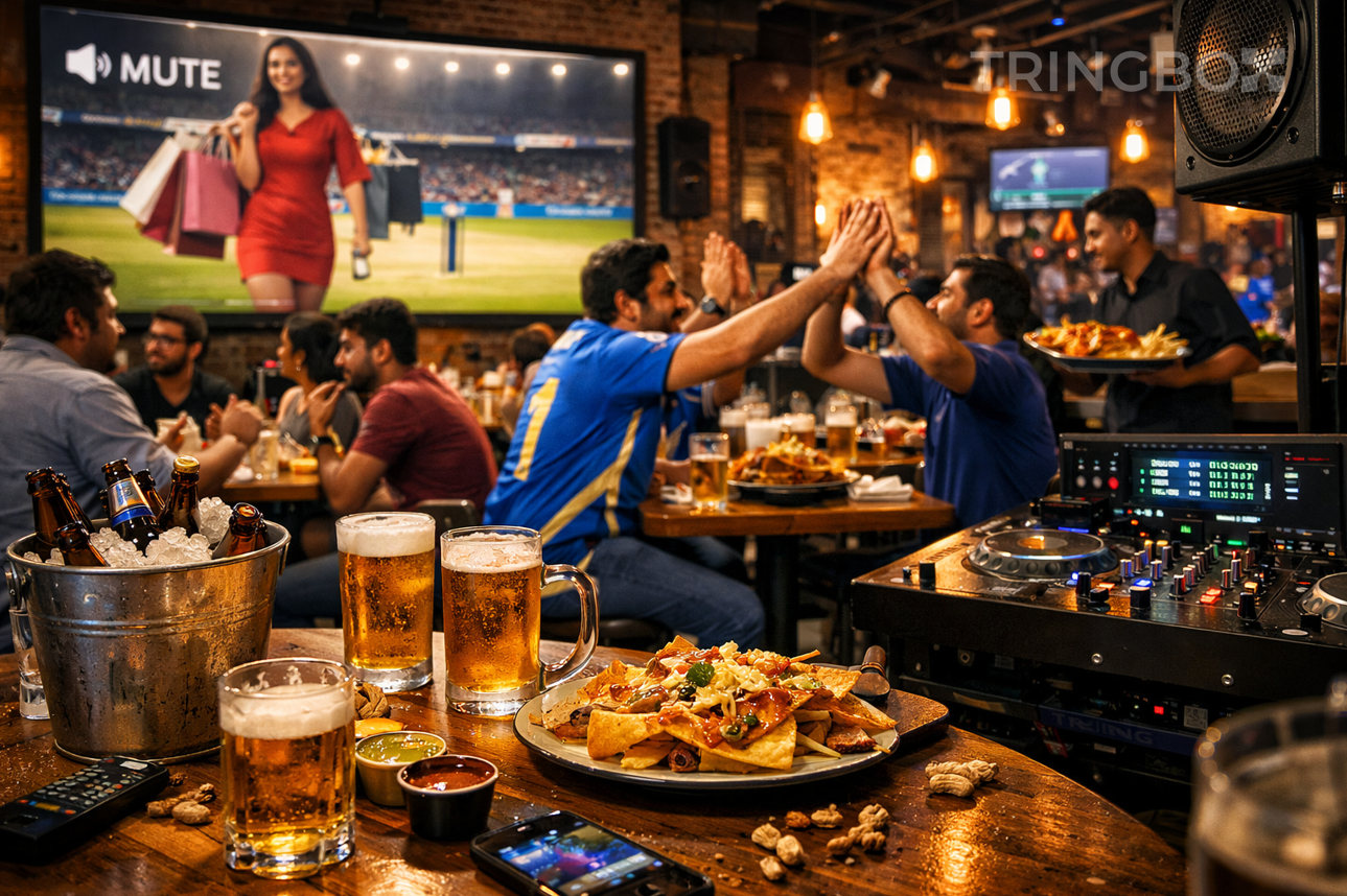 A vibrant sports pub filled with excited fans watching a cricket match on a large screen, perfectly capturing the high-energy atmosphere.
