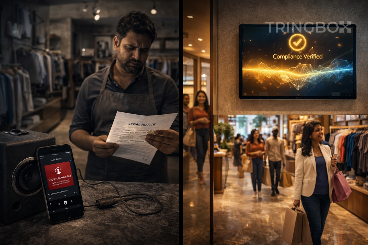 A cinematic comparison of a store facing a legal audit for using Spotify versus a Tringbox-enabled shop thriving with authorized AI music.