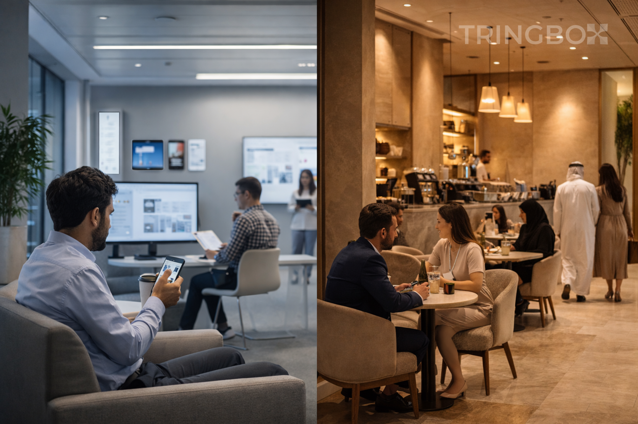 Cafe interior with customers relaxing and ambient background music playing