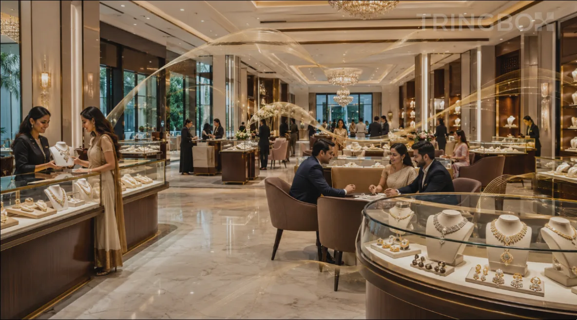 A premium, brightly lit jewelry showroom with customers comfortably viewing diamond necklaces in a legally secure, AI-managed acoustic environment.