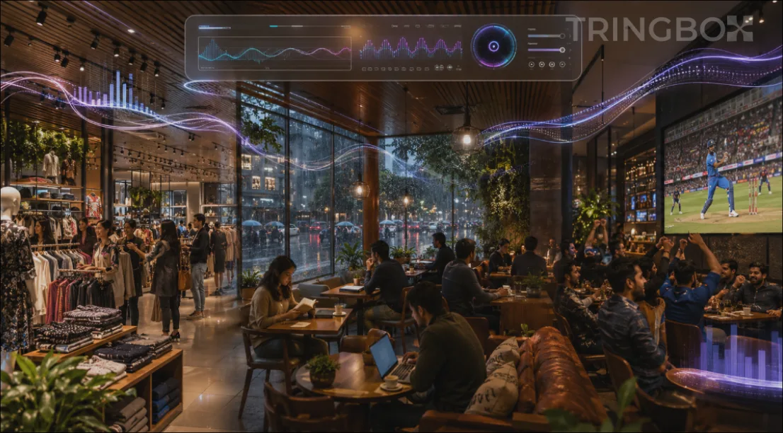 A vibrant collage showing a bustling EOSS retail rack, a rainy street view from inside a cozy cafe, and a World Cup viewing area, unified by the Tringbox dashboard.