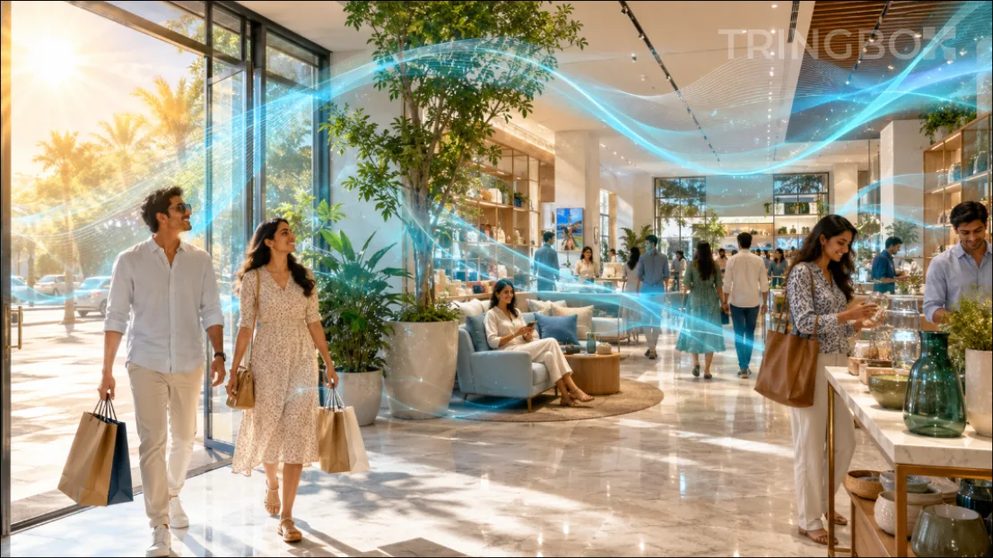 Customers browsing a brightly lit, welcoming retail store while heavy monsoon rain falls against the glass windows outside.