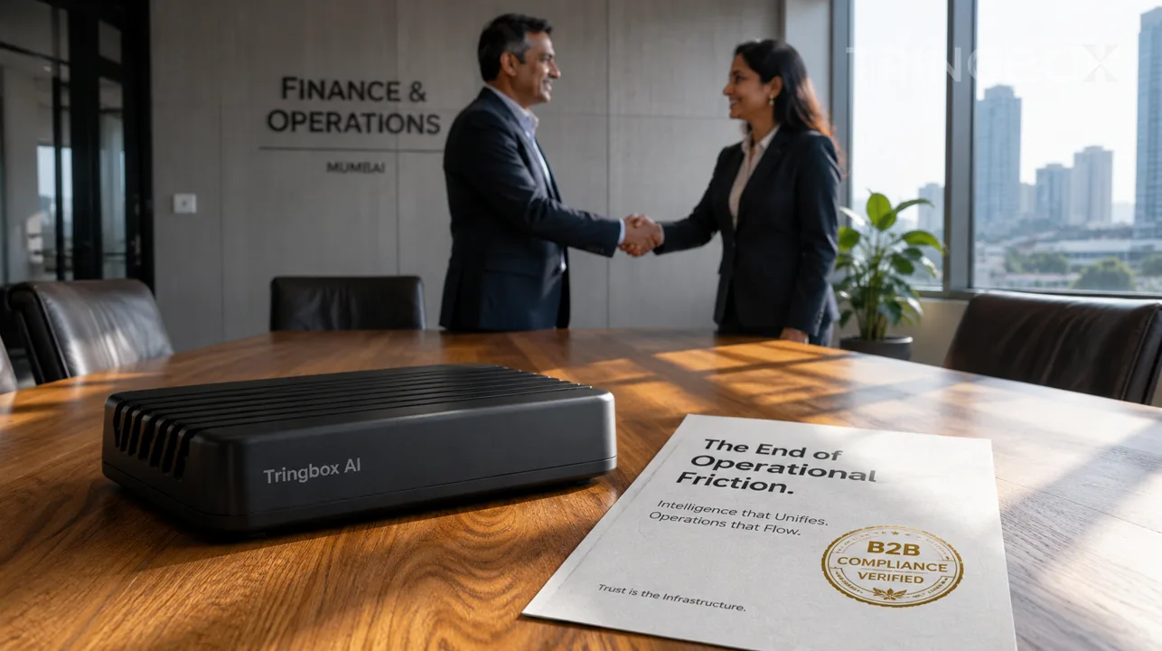 A physical representation of operational structure: a premium Tringbox AI device alongside organized legal compliance documents in a corporate office, signifying the end of manual music management.