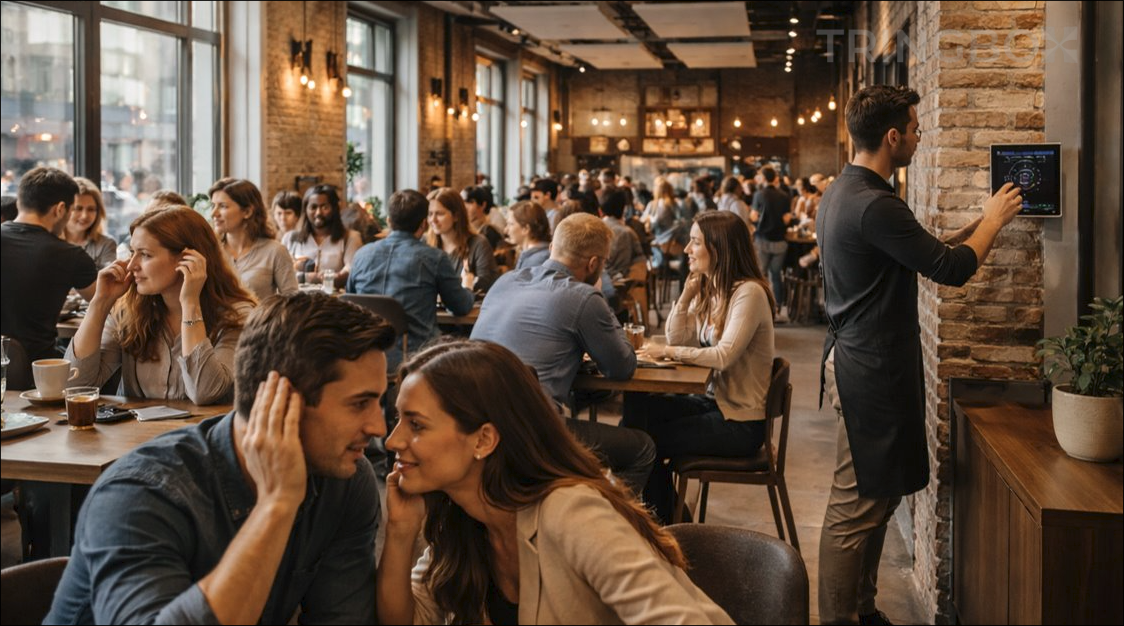 A well-designed, bustling modern cafe with patrons engaged in comfortable, relaxed conversations over perfectly balanced background music.