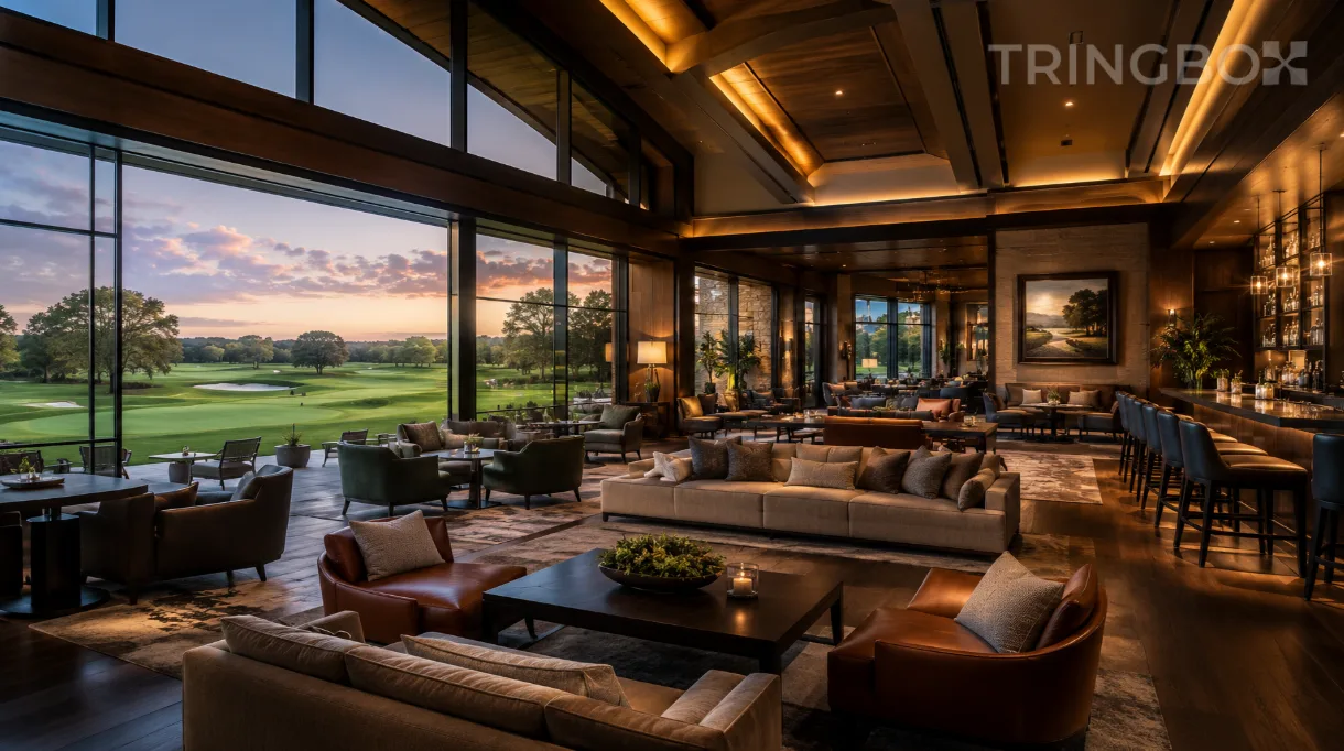 A modern, ultra-luxury golf clubhouse lounge featuring high open ceilings, plush leather seating, and expansive glass walls overlooking a green fairway, unified by a calming, AI-driven audio soundscape.
